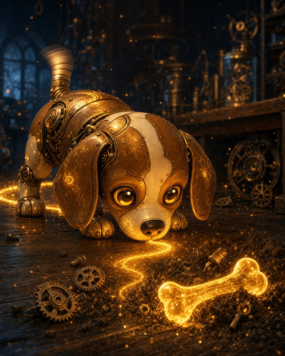 Beagle, a little robot beagle puppy, nose down on a glowing scent trail leading to a half-dug-up golden bone
