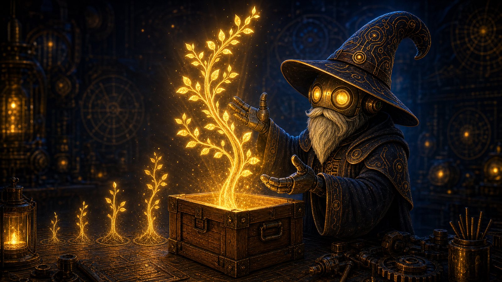 A robot wizard tending a glowing tree growing out of an open crate, taller than the saplings that came before it