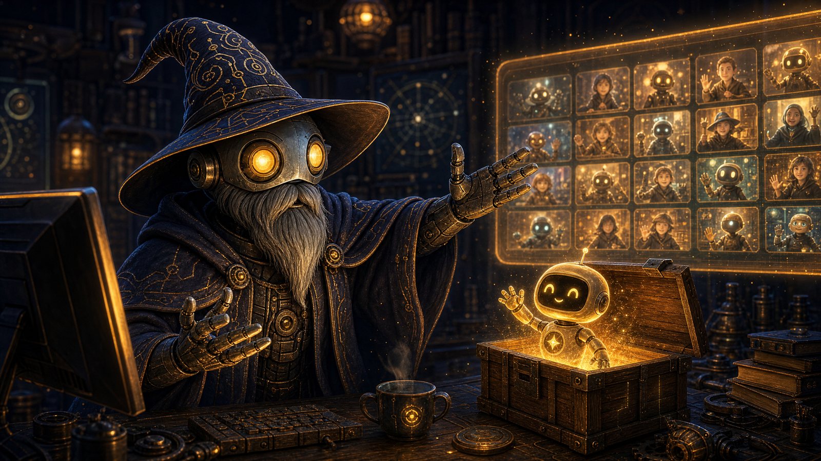 A robot wizard hosting a live video call, welcoming a small glowing agent out of its crate