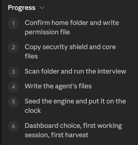 The agent's real setup checklist from a live install: confirm home folder and write permission file, copy security shield and core files, scan folder and run the interview, write the agent's files, seed the engine and put it on the clock, dashboard choice and first working session