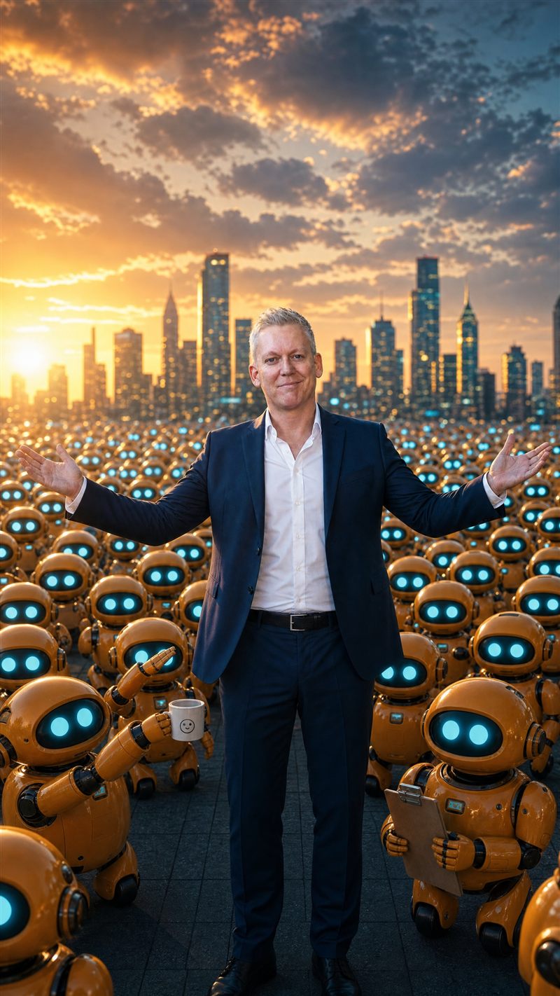 Stu Jordan standing arms wide in a crowd of small orange agents, city skyline behind