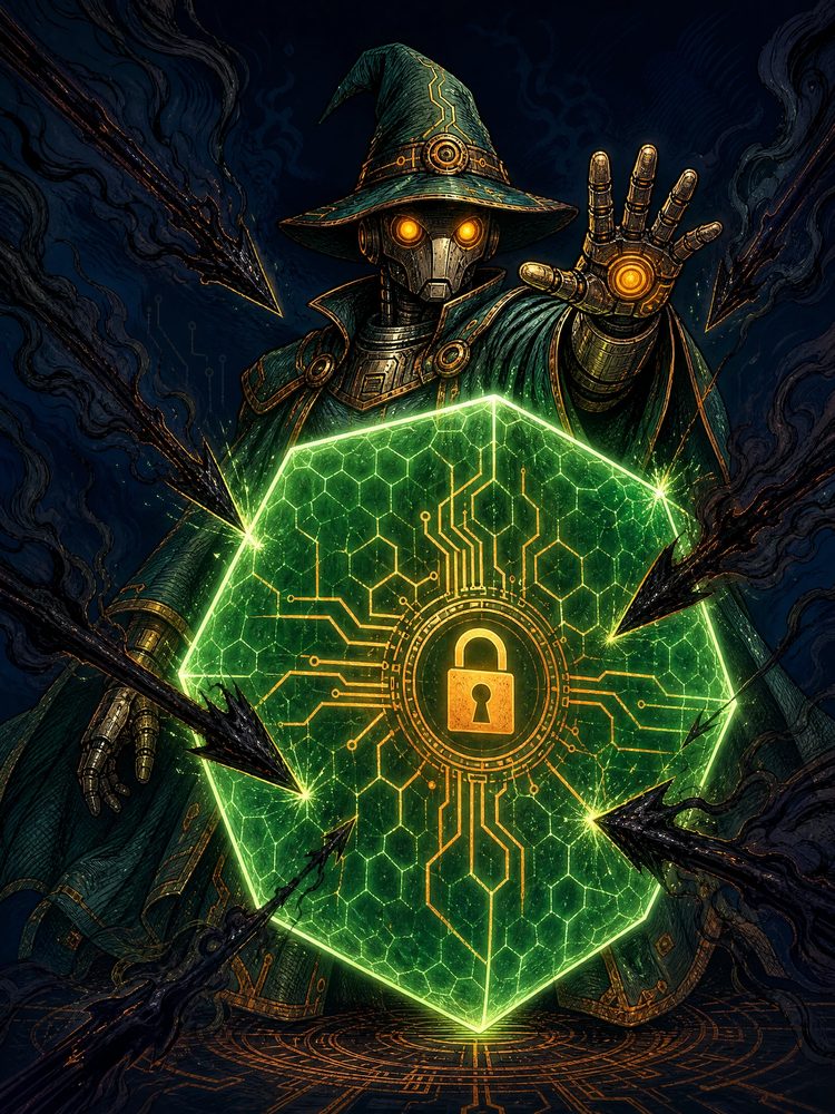 A small agent standing guard with a glowing shield