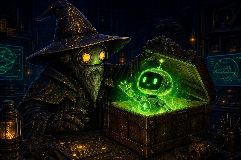A robot wizard opening a crate with a small glowing agent stepping out